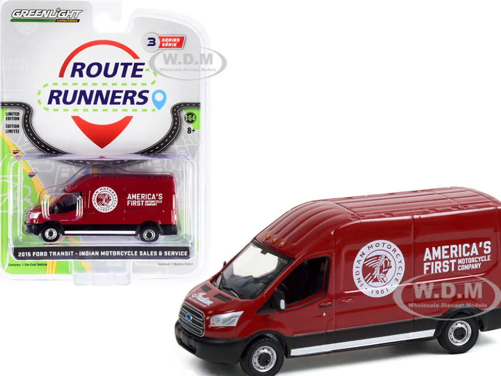 2015 Ford Transit LWB High Roof Van Burgundy Indian Motorcycle Sales & Service Route Runners Series 3 1/64 Diecast Model Greenlight 53030 B