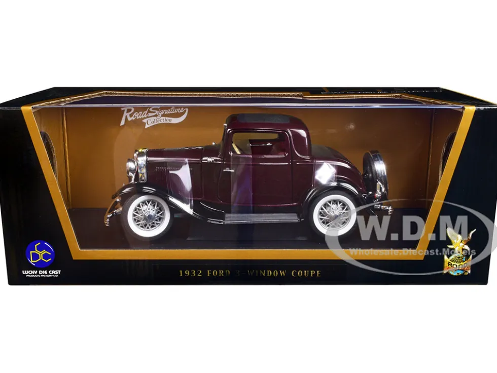 1932 Ford 3 Window Coupe Burgundy with Black Top 1/18 Diecast Model Car Road Signature 92248bur