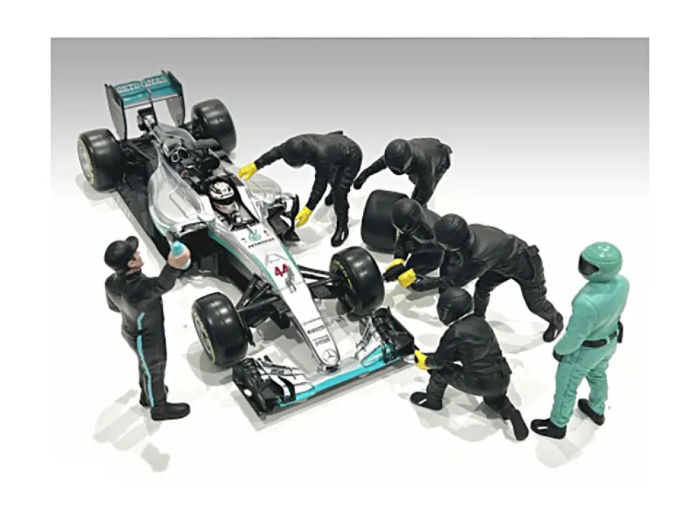 Formula One F1 Pit Crew 7 Figure Set Team Black Release III for 1/18 Scale Models American Diorama 76557