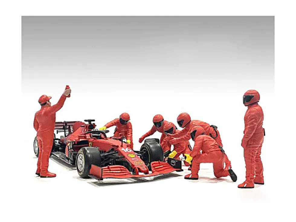 Formula One F1 Pit Crew 7 Figure Set Team Red Release III for 1/43 Scale Models American Diorama 38388