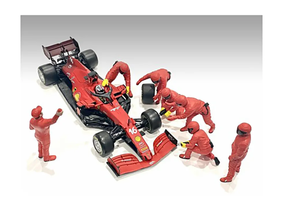 Formula One F1 Pit Crew 7 Figure Set Team Red Release III for 1/43 Scale Models American Diorama 38388