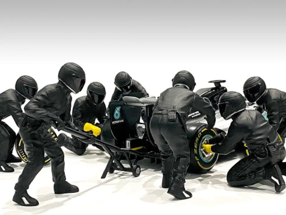 Formula One F1 Pit Crew 7 Figurine Set Team Black Release II 1/43 Scale Models American Diorama 38386