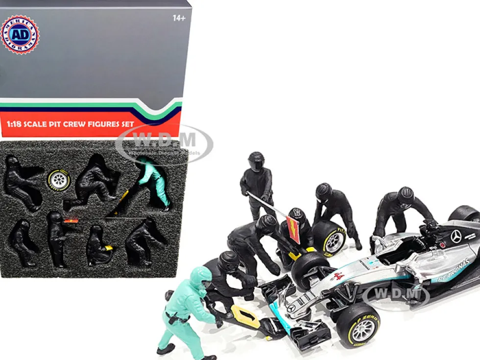 Formula One F1 Pit Crew 7 Figurine Set Team Black 1/18 Scale Models American Diorama 76551