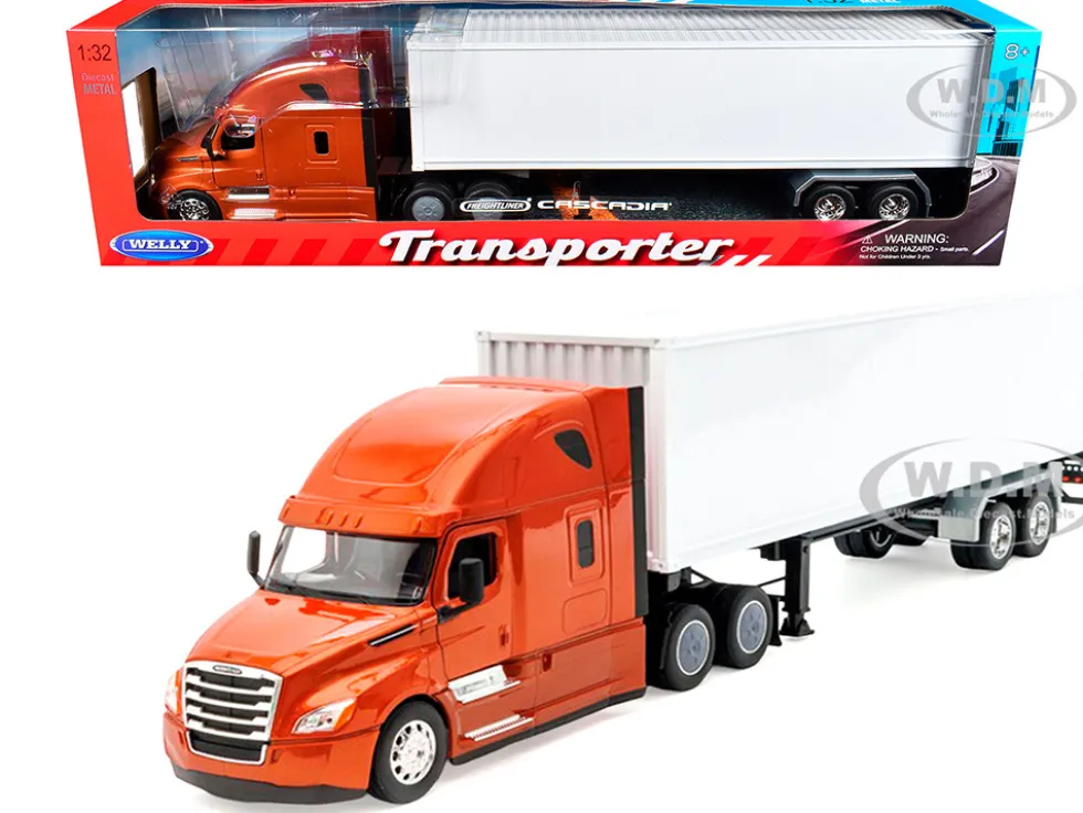 Freightliner Cascadia Truck Bronze Metallic with White Container "Transporter" Series 1/32 Diecast Model by Welly