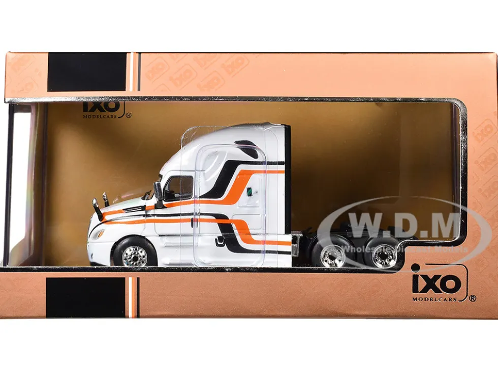 2018 Freightliner Cascadia Truck Tractor White with Black and Orange Stripes 1/64 Diecast Model by IXO Models