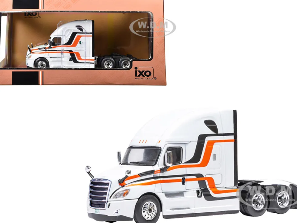 2018 Freightliner Cascadia Truck Tractor White with Black and Orange Stripes 1/64 Diecast Model by IXO Models