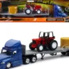 Freightliner Cascadia with Flatbed Trailer Blue with Farm Tractor Red and Hay Bales Long Haul Trucker Series 1/43 Diecast Model New Ray 16083