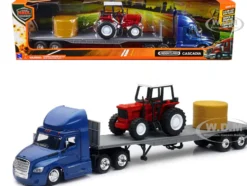 Freightliner Cascadia with Flatbed Trailer Blue with Farm Tractor Red and Hay Bales Long Haul Trucker Series 1/43 Diecast Model New Ray 16083