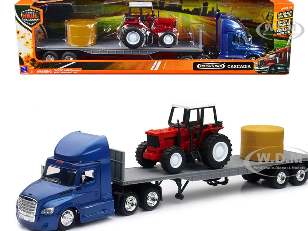 Freightliner Cascadia with Flatbed Trailer Blue with Farm Tractor Red and Hay Bales Long Haul Trucker Series 1/43 Diecast Model New Ray 16083