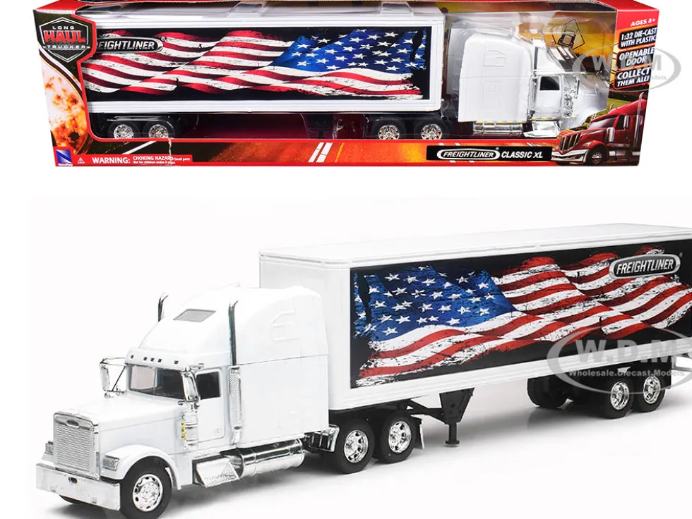Freightliner Classic XL Truck White with Dry Van Trailer White with Patriotic Graphic "Long Haul Truckers" Series 1/32 Diecast Model by New Ray