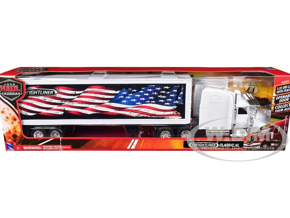 Freightliner Classic XL Truck White with Dry Van Trailer White with Patriotic Graphic "Long Haul Truckers" Series 1/32 Diecast Model by New Ray