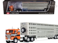 Freightliner COE and 45' Wilson Vintage Livestock Trailer Orange with Stripes 1/64 Diecast Model by DCP/First Gear