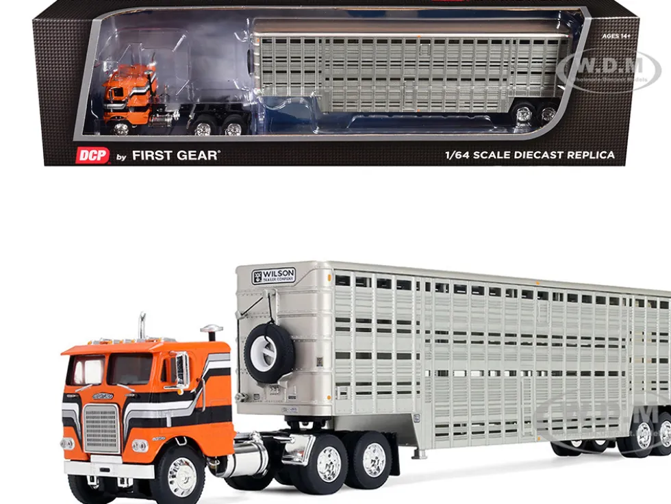 Freightliner COE and 45' Wilson Vintage Livestock Trailer Orange with Stripes 1/64 Diecast Model by DCP/First Gear