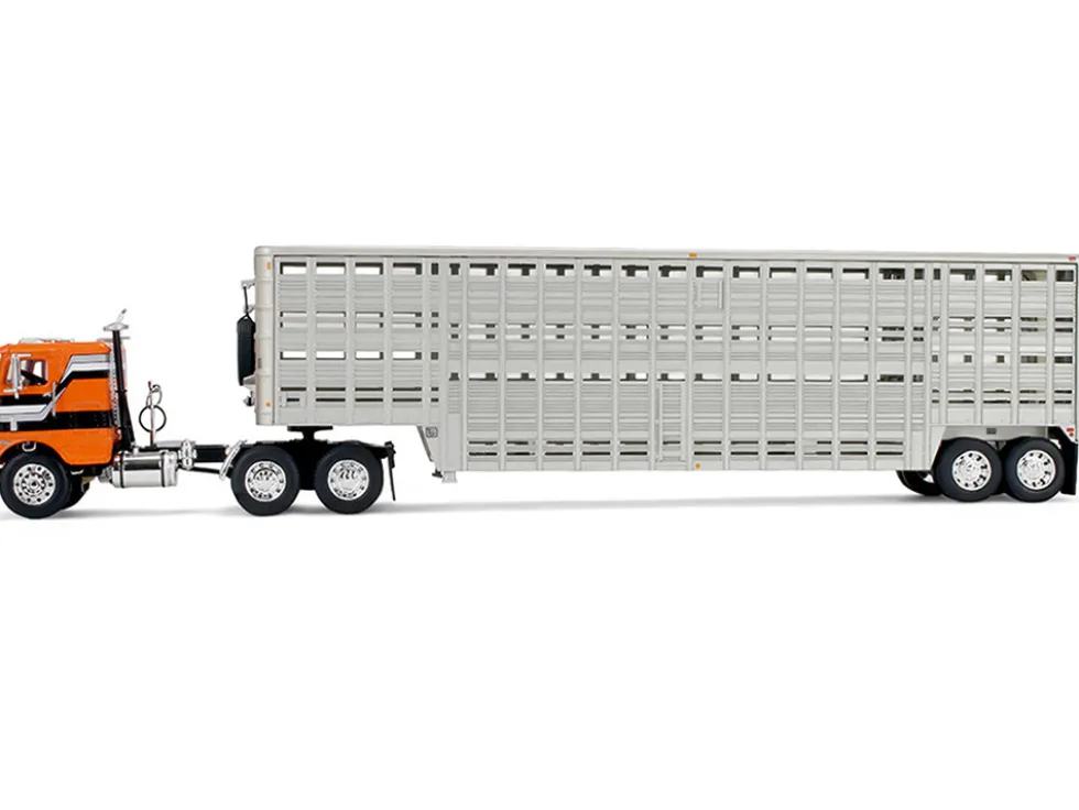 Freightliner COE and 45' Wilson Vintage Livestock Trailer Orange with Stripes 1/64 Diecast Model by DCP/First Gear
