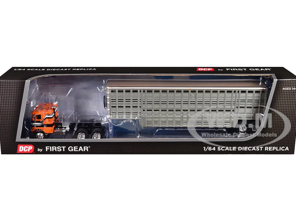 Freightliner COE and 45' Wilson Vintage Livestock Trailer Orange with Stripes 1/64 Diecast Model by DCP/First Gear