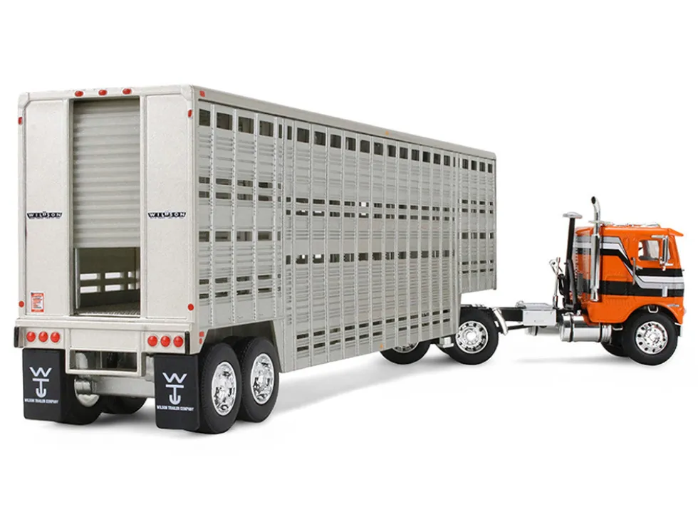 Freightliner COE and 45' Wilson Vintage Livestock Trailer Orange with Stripes 1/64 Diecast Model by DCP/First Gear