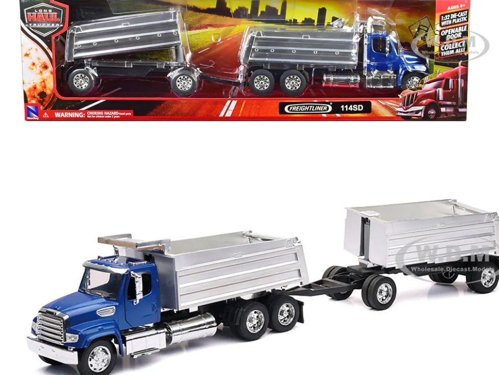 Freightliner 114SD Dump Truck with Twin Dump Body Blue Long Haul Trucker Series 1/32 Diecast Model New Ray 10973