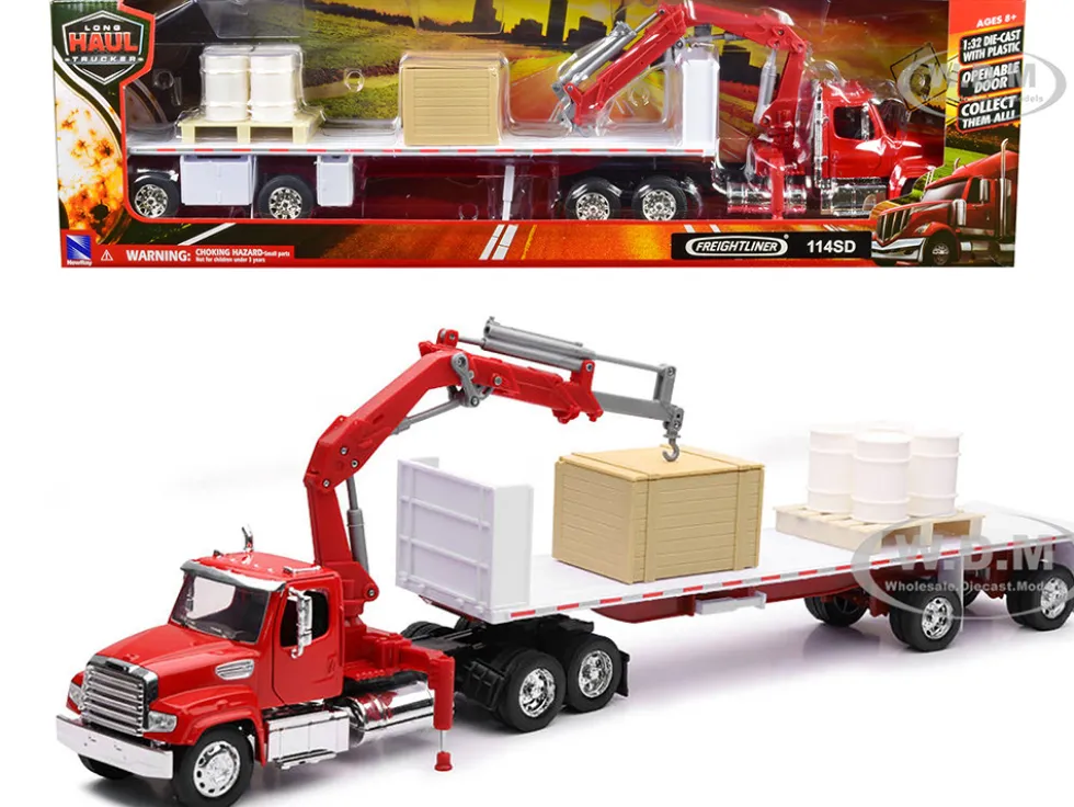 Freightliner 114SD Flatbed Truck with Crane Red with Accessories Long Haul Trucker Series 1/32 Diecast Model New Ray 10993