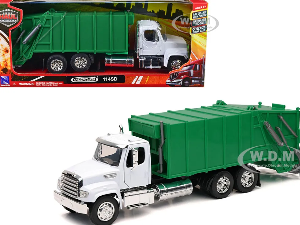 Freightliner 114SD Garbage Truck White and Green Long Haul Trucker Series 1/32 Diecast Model New Ray NR11033