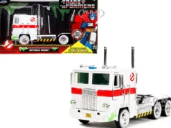 G1 Autobot Optimus Prime Truck White with Robot on Chassis from Transformers TV Series Ghostbusters 1984 Movie Crossover Hollywood Rides Series 1/24 Diecast Model Jada 35572