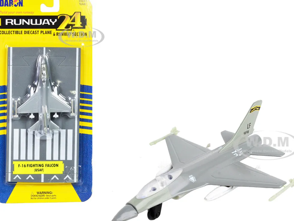 General Dynamics F 16 Fighting Falcon Fighter Aircraft Gray United States Air Force with Runway Section Diecast Model Airplane Runway24 RW130