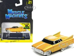 Gene Winfield s 1961 Cadillac Maybelline Yellow Metallic with White Stripes 1/64 Diecast Model Car Muscle Machines 15561YL