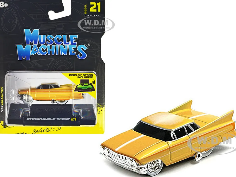 Gene Winfield s 1961 Cadillac Maybelline Yellow Metallic with White Stripes 1/64 Diecast Model Car Muscle Machines 15561YL
