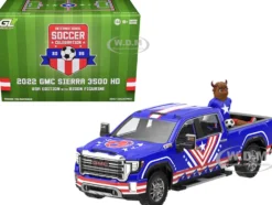 2022 GMC Sierra 3500 HD Pickup Truck Blue with American Soccer Graphics with Bison Figure "International Soccer Celebration '26" Series 1/64 Diecast Model Car by Greenlight