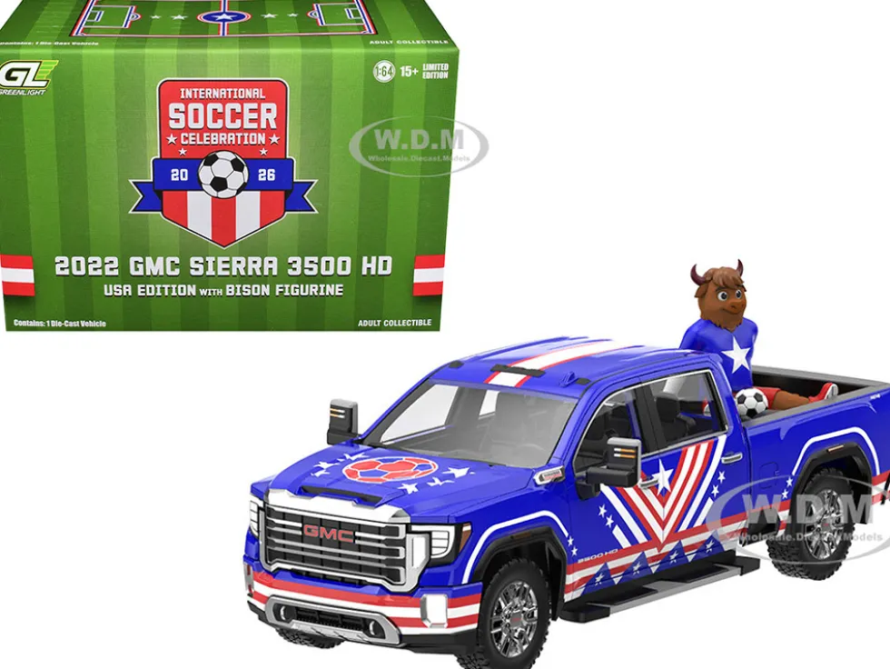 2022 GMC Sierra 3500 HD Pickup Truck Blue with American Soccer Graphics with Bison Figure "International Soccer Celebration '26" Series 1/64 Diecast Model Car by Greenlight