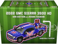 2022 GMC Sierra 3500 HD Pickup Truck Blue with American Soccer Graphics with Bison Figure "International Soccer Celebration '26" Series 1/64 Diecast Model Car by Greenlight