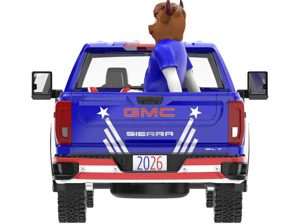2022 GMC Sierra 3500 HD Pickup Truck Blue with American Soccer Graphics with Bison Figure "International Soccer Celebration '26" Series 1/64 Diecast Model Car by Greenlight