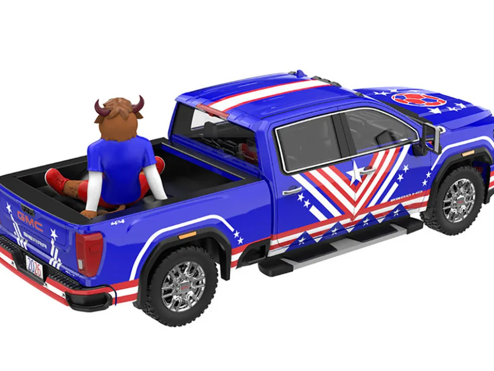 2022 GMC Sierra 3500 HD Pickup Truck Blue with American Soccer Graphics with Bison Figure "International Soccer Celebration '26" Series 1/64 Diecast Model Car by Greenlight