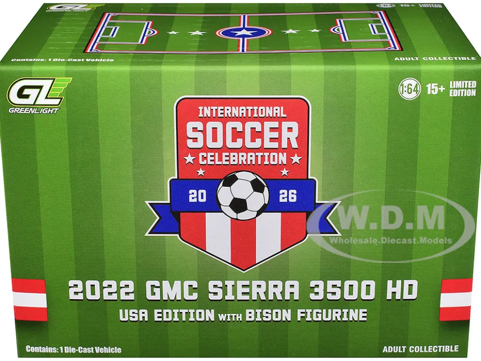 2022 GMC Sierra 3500 HD Pickup Truck Blue with American Soccer Graphics with Bison Figure "International Soccer Celebration '26" Series 1/64 Diecast Model Car by Greenlight