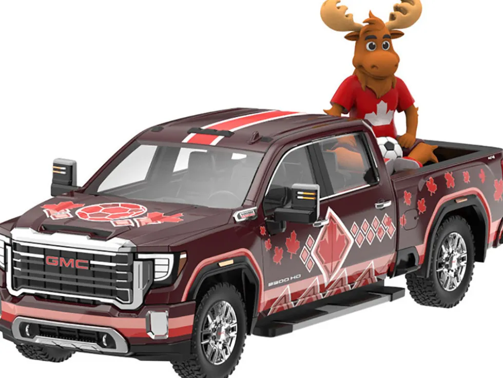 2022 GMC Sierra 3500 HD Pickup Truck Dark Red with Canadian Soccer Graphics with Moose Figure "International Soccer Celebration '26" Series 1/64 Diecast Model Car by Greenlight