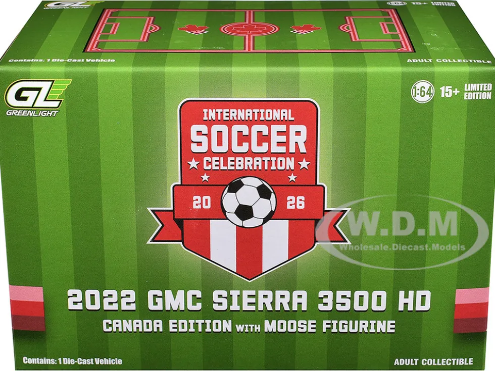 2022 GMC Sierra 3500 HD Pickup Truck Dark Red with Canadian Soccer Graphics with Moose Figure "International Soccer Celebration '26" Series 1/64 Diecast Model Car by Greenlight