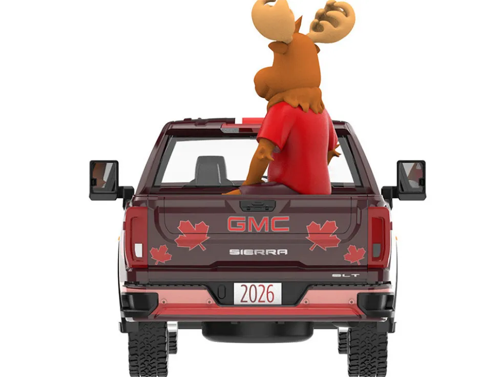 2022 GMC Sierra 3500 HD Pickup Truck Dark Red with Canadian Soccer Graphics with Moose Figure "International Soccer Celebration '26" Series 1/64 Diecast Model Car by Greenlight