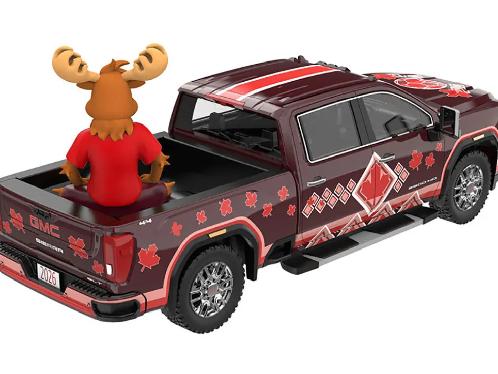 2022 GMC Sierra 3500 HD Pickup Truck Dark Red with Canadian Soccer Graphics with Moose Figure "International Soccer Celebration '26" Series 1/64 Diecast Model Car by Greenlight