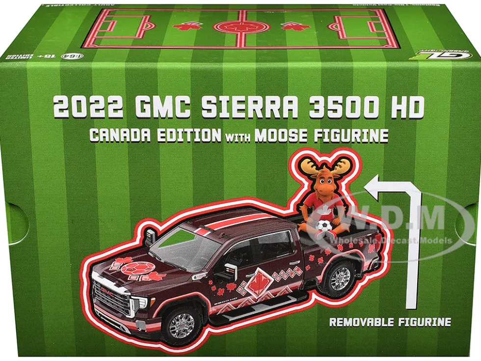 2022 GMC Sierra 3500 HD Pickup Truck Dark Red with Canadian Soccer Graphics with Moose Figure "International Soccer Celebration '26" Series 1/64 Diecast Model Car by Greenlight