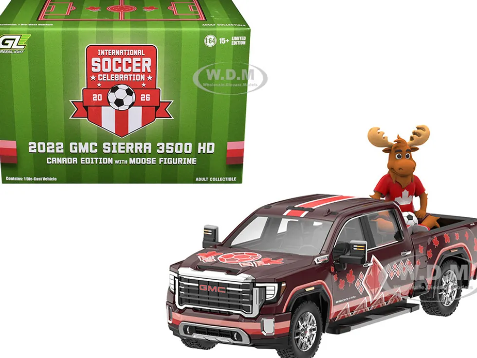 2022 GMC Sierra 3500 HD Pickup Truck Dark Red with Canadian Soccer Graphics with Moose Figure "International Soccer Celebration '26" Series 1/64 Diecast Model Car by Greenlight