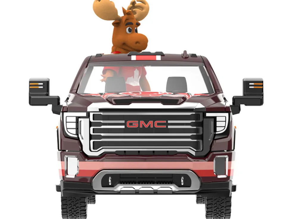 2022 GMC Sierra 3500 HD Pickup Truck Dark Red with Canadian Soccer Graphics with Moose Figure "International Soccer Celebration '26" Series 1/64 Diecast Model Car by Greenlight