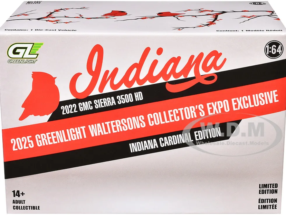 2022 GMC Sierra 3500 HD Pickup Truck "Indiana Cardinals" Silver Metallic with Red Stripes and Cardinal Figure "2025 Greenlight Waltersons Collector's Expo Exclusive" 1/64 Diecast Model Car by Greenlight