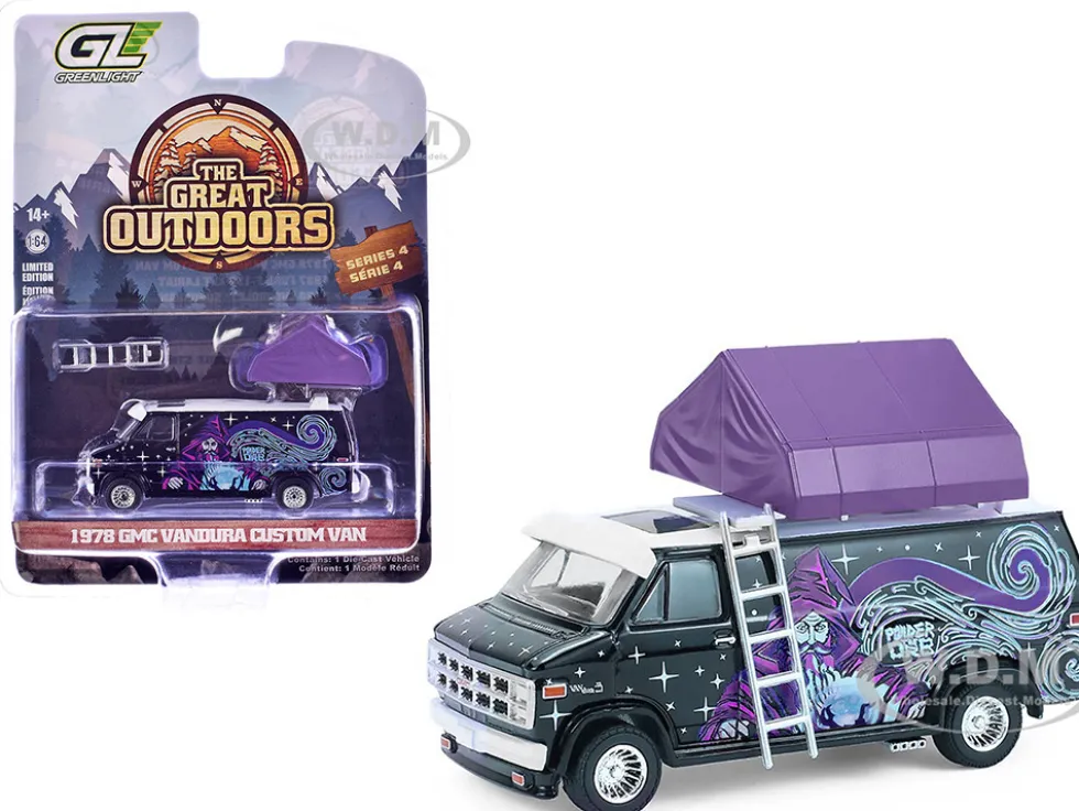 1978 GMC Vandura Custom Van Black with Wizard Graphics and White Top with Camp'otel Cartop Sleeper Tent "The Great Outdoors" Series 4 1/64 Diecast Model Car by Greenlight