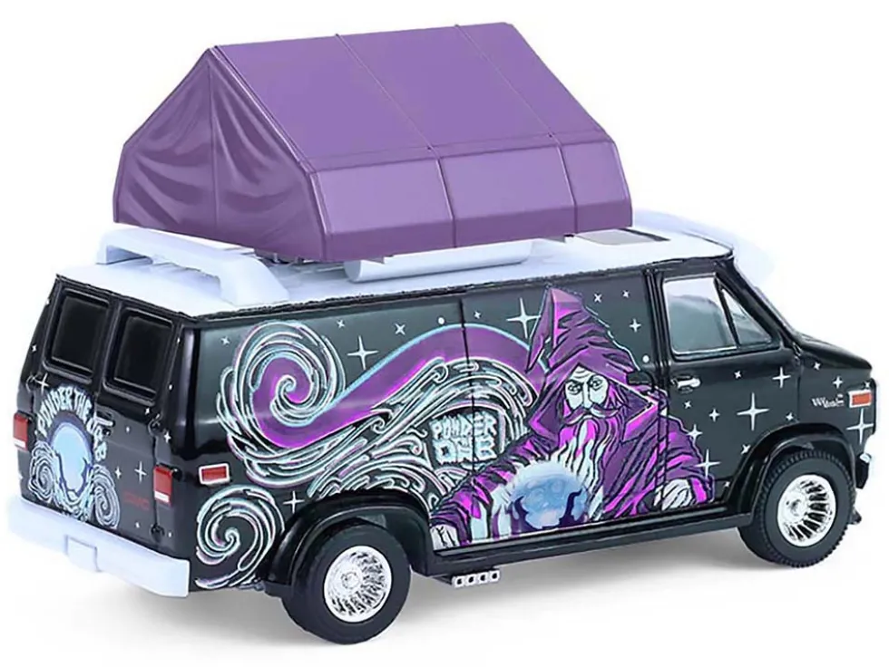 1978 GMC Vandura Custom Van Black with Wizard Graphics and White Top with Camp'otel Cartop Sleeper Tent "The Great Outdoors" Series 4 1/64 Diecast Model Car by Greenlight