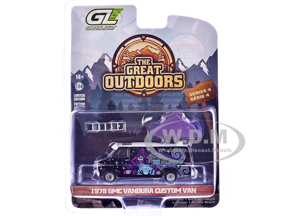 1978 GMC Vandura Custom Van Black with Wizard Graphics and White Top with Camp'otel Cartop Sleeper Tent "The Great Outdoors" Series 4 1/64 Diecast Model Car by Greenlight