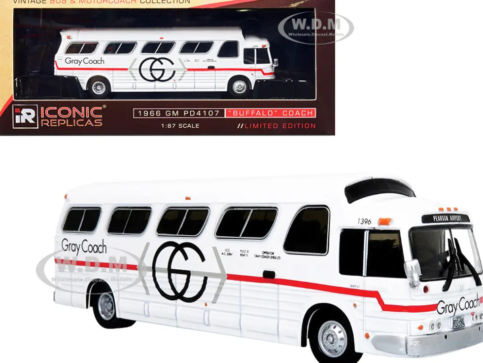 1966 GM PD4107 Buffalo Coach Bus Gray Coach Destination Pearson Airport Toronto Ontario Canada Vintage Bus Motorcoach Collection 1/87 HO Diecast Model Iconic Replicas 87-0281