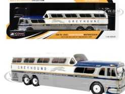 GM PD-4501 Scenicruiser Coach Bus "Greyhound Bus Lines - 50th Anniversary" Raw Metal with Blue and White Top and Gold Stripes "The Bus & Motorcoach Collection" 1/43 Plastic Model by Iconic Replicas