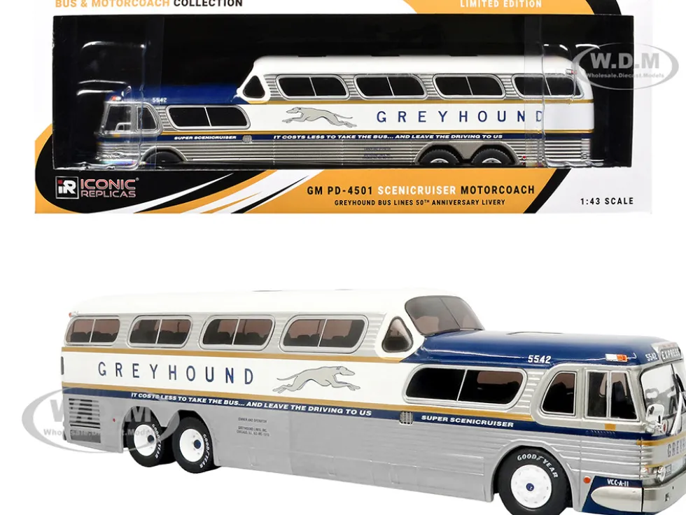 GM PD-4501 Scenicruiser Coach Bus "Greyhound Bus Lines - 50th Anniversary" Raw Metal with Blue and White Top and Gold Stripes "The Bus & Motorcoach Collection" 1/43 Plastic Model by Iconic Replicas