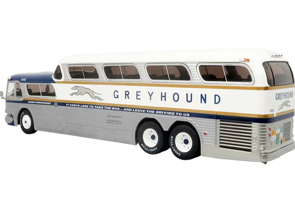 GM PD-4501 Scenicruiser Coach Bus "Greyhound Bus Lines - 50th Anniversary" Raw Metal with Blue and White Top and Gold Stripes "The Bus & Motorcoach Collection" 1/43 Plastic Model by Iconic Replicas
