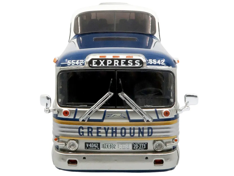 GM PD-4501 Scenicruiser Coach Bus "Greyhound Bus Lines - 50th Anniversary" Raw Metal with Blue and White Top and Gold Stripes "The Bus & Motorcoach Collection" 1/43 Plastic Model by Iconic Replicas
