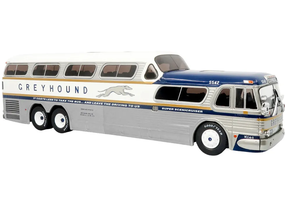 GM PD-4501 Scenicruiser Coach Bus "Greyhound Bus Lines - 50th Anniversary" Raw Metal with Blue and White Top and Gold Stripes "The Bus & Motorcoach Collection" 1/43 Plastic Model by Iconic Replicas